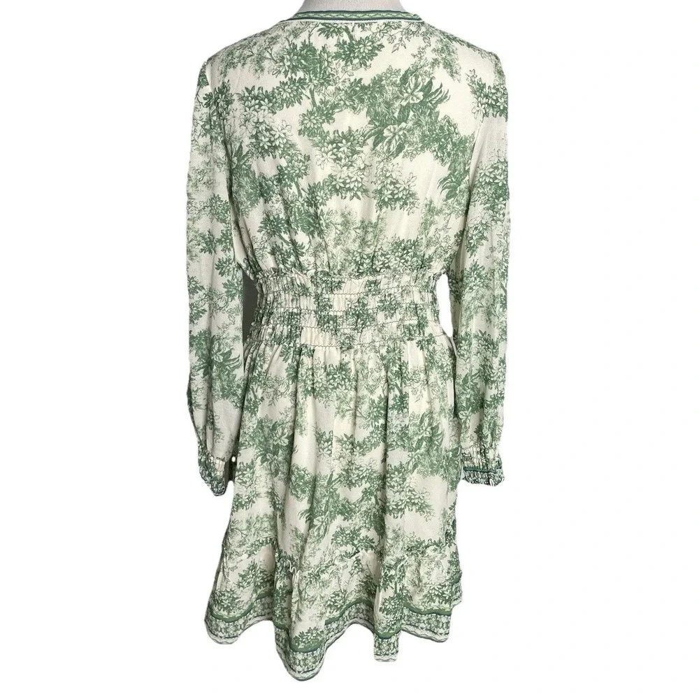 Max Studio Ivory Green Garden ‎ Floral Smocked Waist Dress Size Large